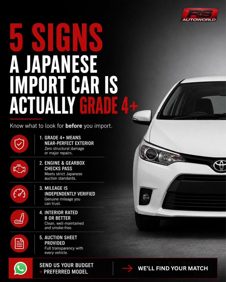 sharowilli89801's tweet photo. Buying a Japanese import? A Grade 4+ vehicle typically offers excellent condition, strong performance, verified mileage, a clean interior, and transparent auction documentation. RS Auto World helps you buy with confidence. https://t.co/JZxS5OAyfn