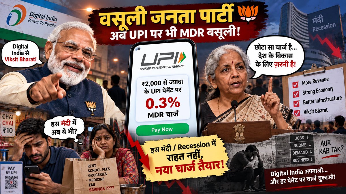 divinecapital1's tweet photo. वसूली जनता पार्टी का एक और तुगलकी फरमान💸

इस मंदी में जनता पहले ही महंगाई और घटती कमाई से परेशान है 

अब UPI पर भी MDR चार्ज की तैयारी!

₹2,000 से ज्यादा के पेमेंट पर 0.3% तक MDR !

मंदी में राहत नहीं, नया चार्ज तैयार 😏

डिजिटल इंडिया अपनाओ ..चार्ज चुकाओ

#UPI #MDR #Recession https://t.co/5Y39OL8wHT