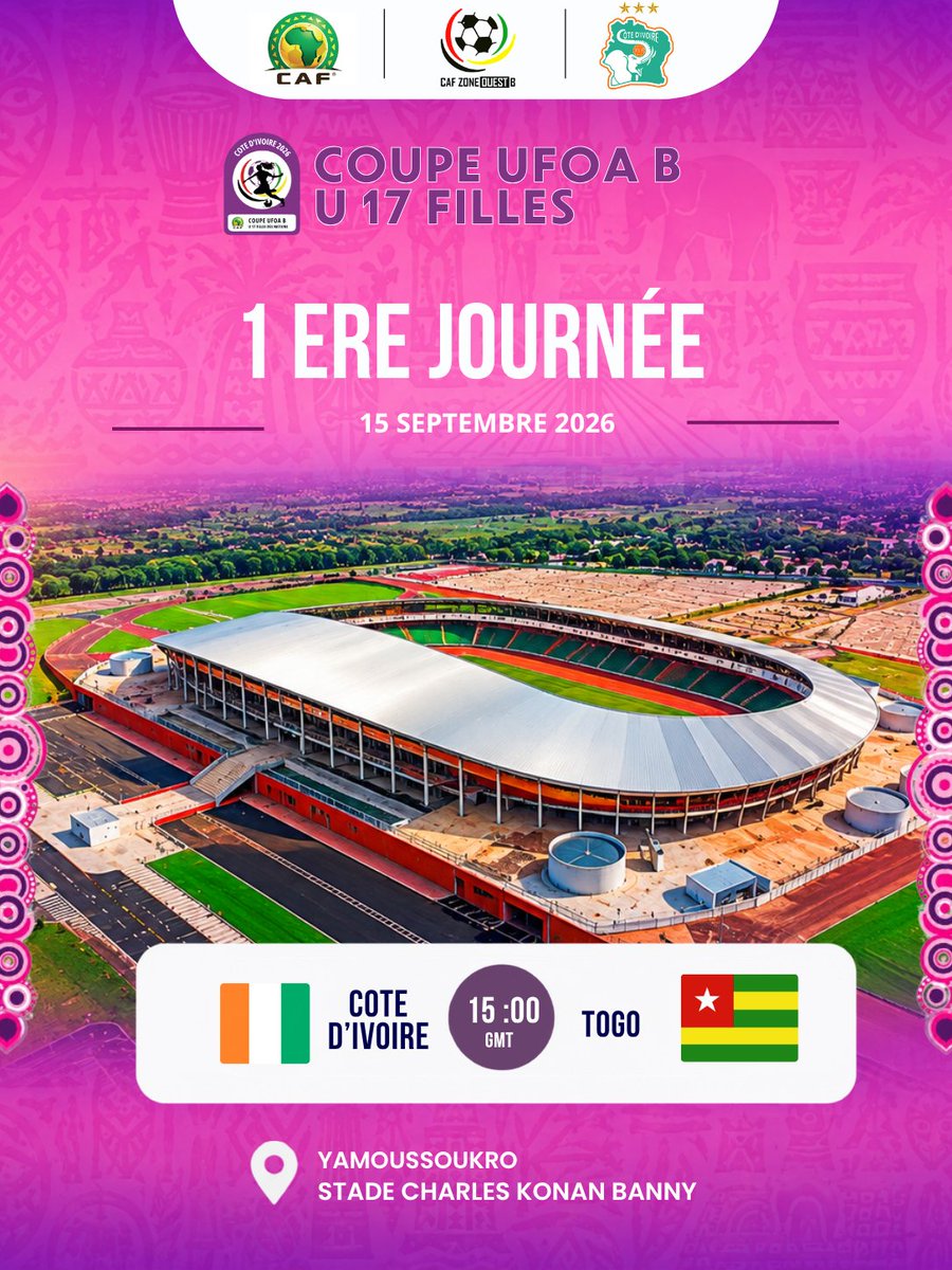 CafZoneOuestB's tweet photo. 🔥 OPENING MATCH – WAFU‑B U‑17 Girls Cup
🇨🇮 Côte d’Ivoire vs 🇹🇬 Togo
Host nation Côte d’Ivoire kicks off the tournament today in Yamoussoukro.
🎥 Watch LIVE on our YouTube channel: https://t.co/nmcK5xBqXo
#UFOAB #U17Girls #CIV #TGO #WomenFootball #CAF
🔥 MATCH D’OUVERTURE – Coupe UFOA‑B U‑17 Filles
🇨🇮 Côte d’Ivoire vs 🇹🇬 Togo
Le pays hôte lance la compétition aujourd’hui à Yamoussoukro.
🎥 Match en direct sur notre chaîne YouTube : https://t.co/nmcK5xBqXo
#UFOAB #U17Girls #CIV #TGO #FootballFeminin #CAF