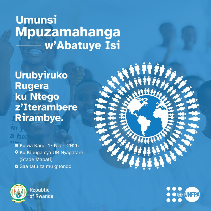 NyagatareDistr's tweet photo. Baturage b'Akarere ka Nyagatare , murarikiwe kuzitabira ibirori byo kwizihiza Umunsi Mpuzamahanga w’abatuye isi 2026.  Ku rwego rw’igihugu, ibirori bizabera mu Karere kacu . Hazaganirwa ku ntego, ibyifuzo n’amahirwe urubyiruko rufite, ndetse n’uruhare rwabo mu iterambere ry’igihugu.
Insanganyamatsiko iragira iti "Urubyiruko rugera ku Ntego z’Iterambere Rirambye"

🗓️17 Nzeri 2026
⏱️10:00
📍UR Nyagatare Stadium