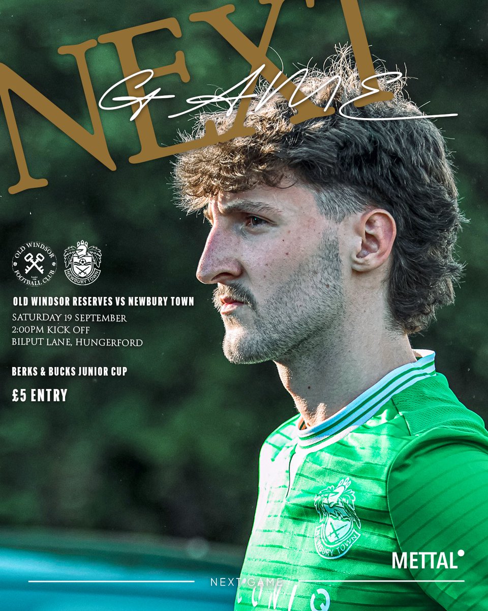 Newbury_Town's tweet photo. The Devs’ season kicks off on Saturday with some exciting cup action! 

The boys take on @OldWindsorFC Reseves at Bulpit Lane, Hungerford.

Please note it will be £5 entry on the day!

#UpTheTown 🤍💚 https://t.co/AWN6CuvU5V