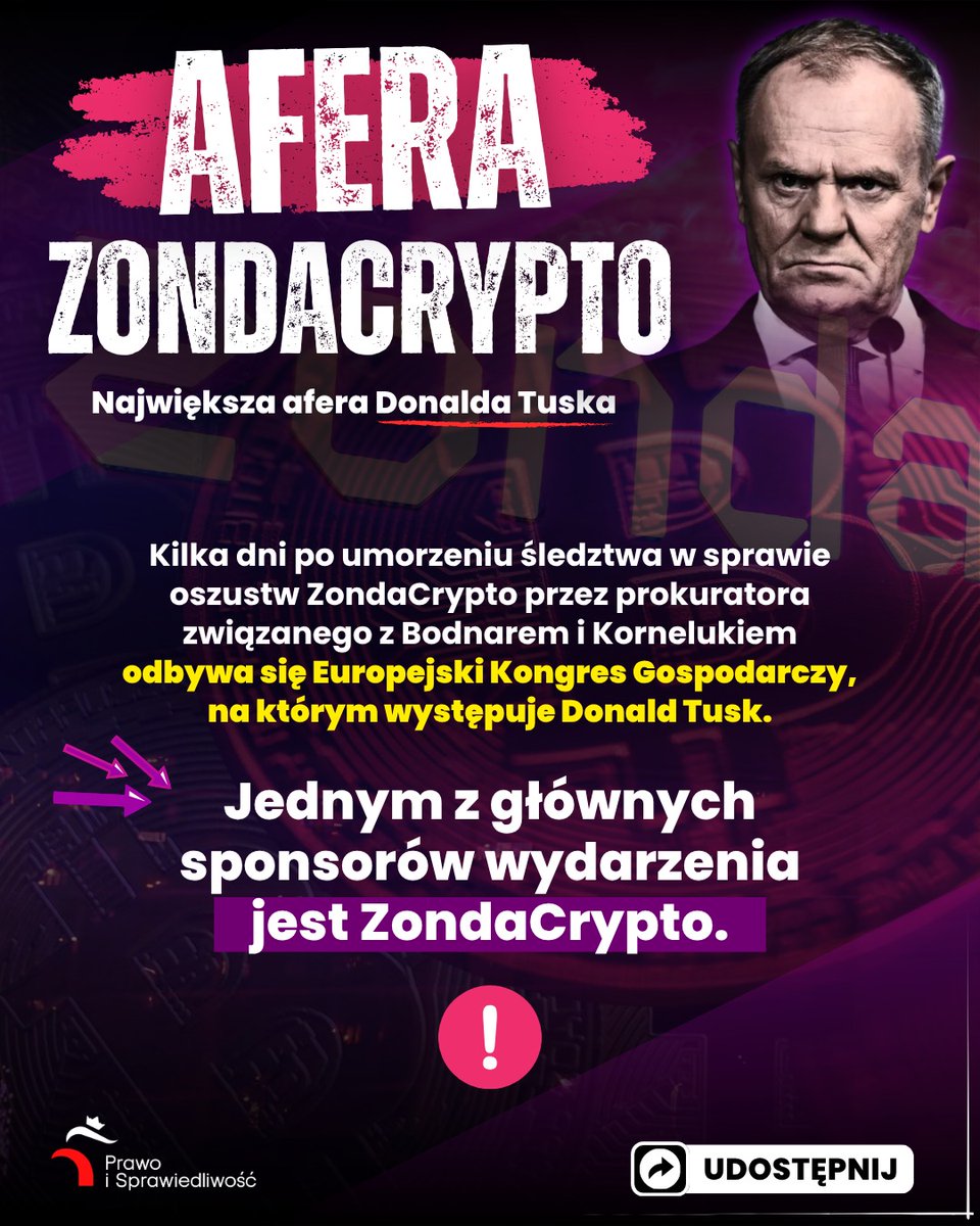 pisorgpl's tweet photo. ⁉️ Przypadek? Kilka dni po umorzeniu śledztwa dotyczącego ZondaCrypto odbywa się Europejski Kongres Gospodarczy z udziałem Donalda Tuska. Jednym z głównych sponsorów wydarzenia jest ZondaCrypto.
👉 Udostępnij! https://t.co/ry1axnqhho