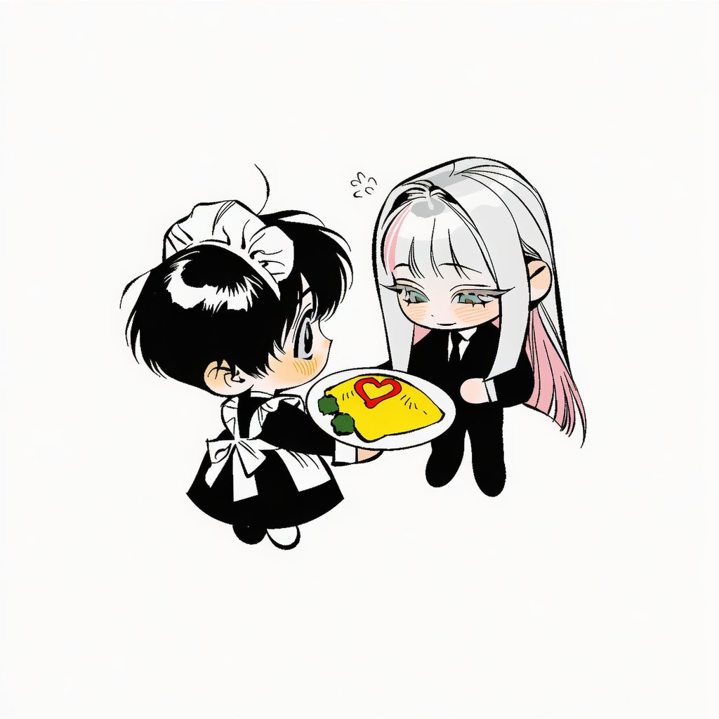 leftbypeace's tweet photo. * 𝓕𝓸𝓻 𝔂𝓸𝓾
* 자유롭게 사용해 주세요

Prompt:

공용: 5::chibi, chibi only, cute::, 2people, wide shot, small characters in frame, 3::characters positioned near center::, large white negative space, 4::pure white background, no background::, standing face to face, cute awkward atmosphere, clean lineart, vivid colors, soft shadows,

A: 3::vintage black maid uniform::, white apron, frilled maid headband, white collar, 3::holding a plate of homemade omurice with both hands::, 3::offering the omurice to B::, looking up at B, shy proud smile, light blush, yellow omurice, 2::simple ketchup heart on top::,

B: 3::clean black tailored suit::, white dress shirt, black necktie, standing stiffly in front of A, 3::looking down at the offered omurice in surprise::, slightly widened eyes, faint blush, 2::flustered, caught off guard::, one hand slightly raised, unsure what to do