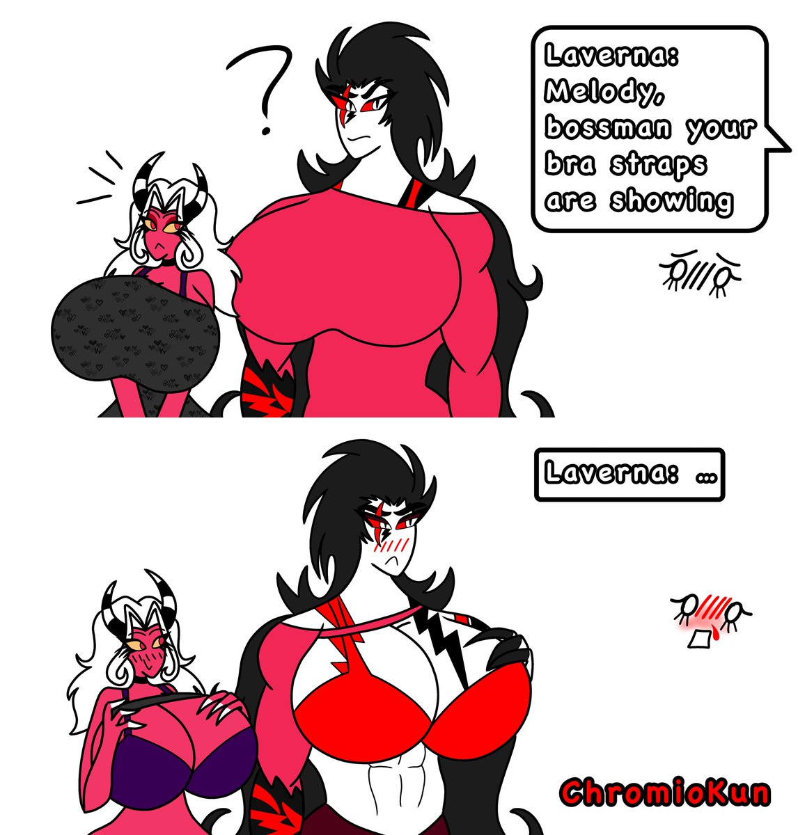 BustyImps2L's tweet photo. My OCs doing the bra strap thing
Lol 💖🩷🖤❤️
They like teasing my Laverna 

#HazbinHotel #HazbinHoteloc #HelluvaBossoc https://t.co/fW5cLiNkeN