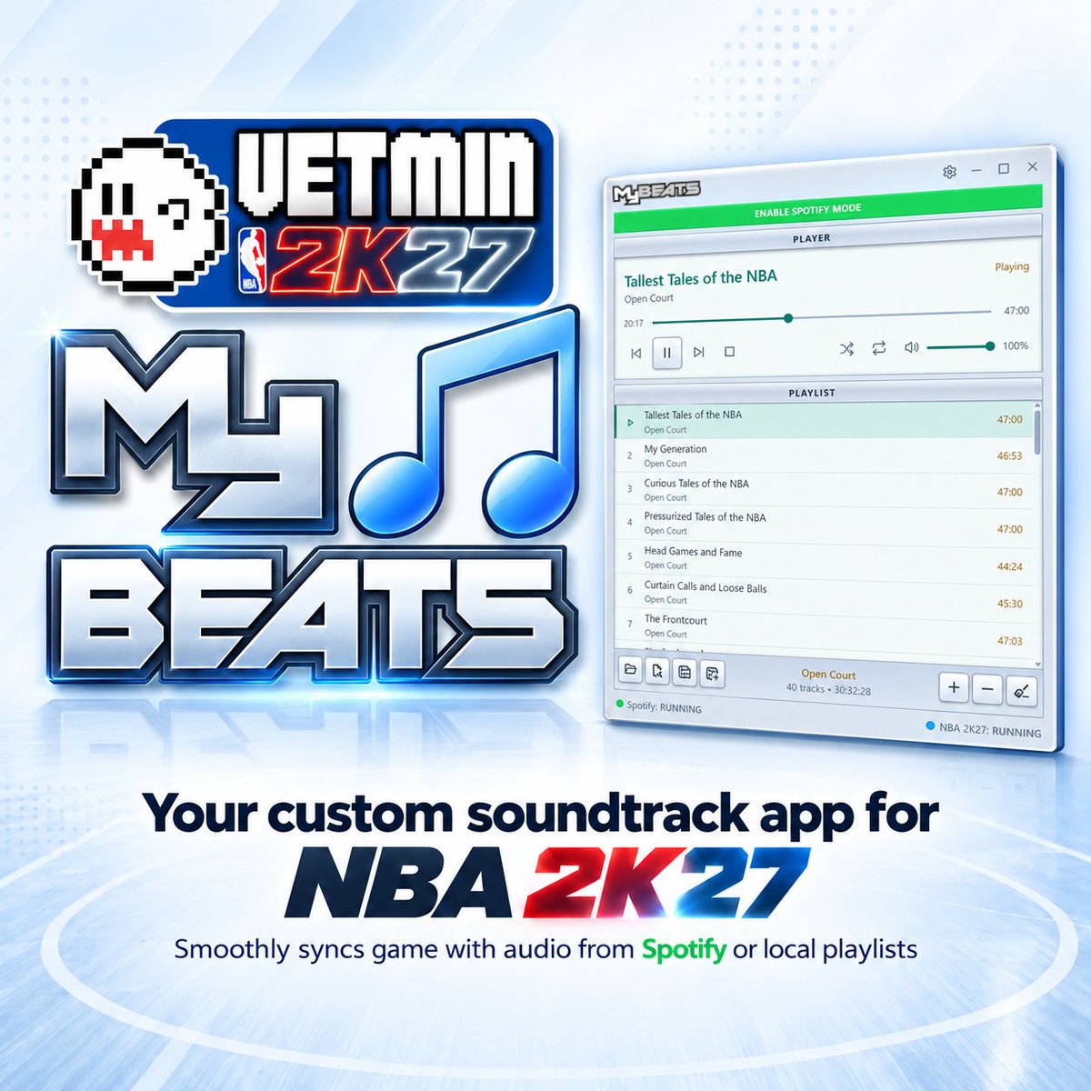 vetmin2K's tweet photo. JUST RELEASED: MyBEATS makes custom #NBA2K27 soundtracks easier than ever 🎵 Sync #NBA2K27 to Spotify (free/paid) or local audio on your PC.

🔗 https://t.co/OOkCuhlH6T https://t.co/dRTOtKiorz