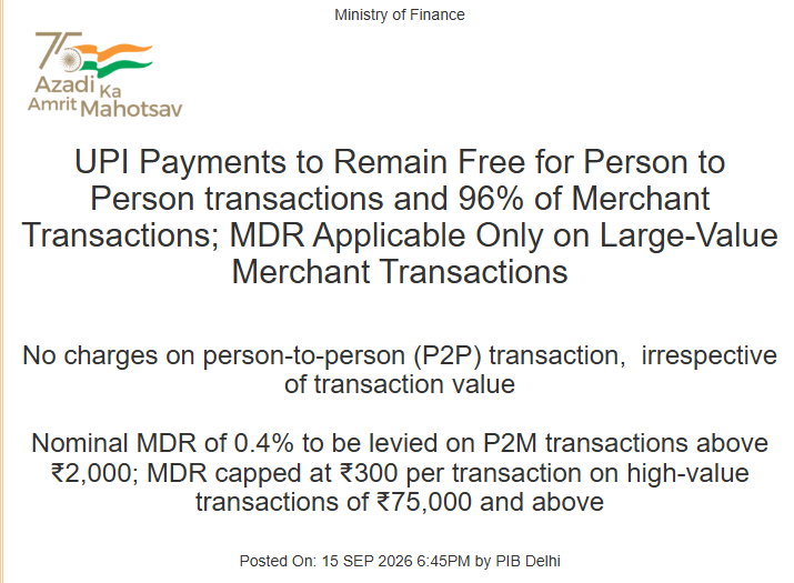 PTI_News's tweet photo. A press release on Ministry of Finance reads, "UPI Payments to Remain Free for Person to Person transactions and 96% of Merchant Transactions; MDR Applicable Only on Large-Value Merchant Transactions." https://t.co/sdsBOiK8j3