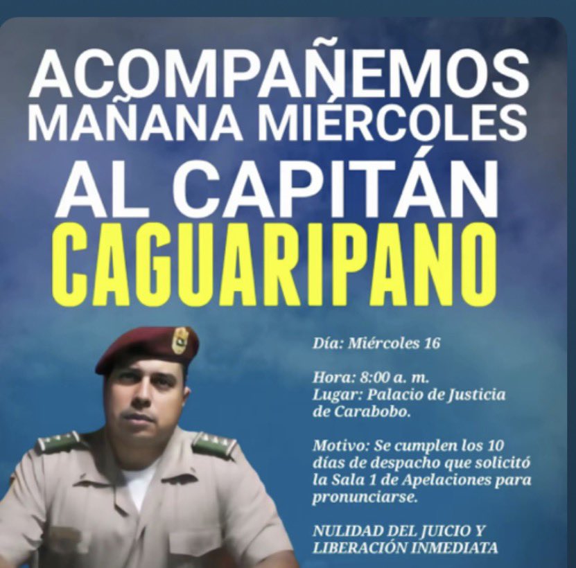 zulimadelvalle's tweet photo. La cita es mañana, cada voz cuenta desde el lugar que te encuentras acompáñalo y clama por la Libertad del Capitán Caguaripano y la de todos los presos políticos militares y civiles. #CallarNosHaceComplices https://t.co/DWzpWJuvmT