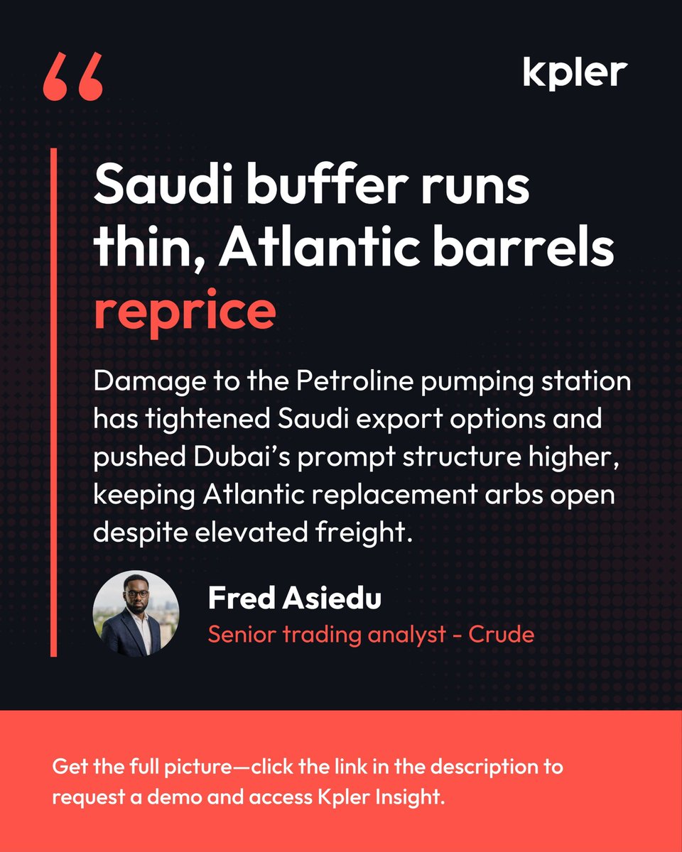 Kpler's tweet photo. Saudi disruption reshapes crude flows

Saudi Arabia’s East-West pipeline disruption has removed a key bypass around Hormuz just as Yanbu inventories are running low. Stronger Dubai structure has reopened west-to-east arbs and intensified competition for Atlantic barrels. Europe remains tight as Forties moves east and Saudi availability falls, while WTI looks increasingly cheap abroad despite tightening US balances.

Real-time tools to enable faster, better decisions: https://t.co/CJaApvVeai