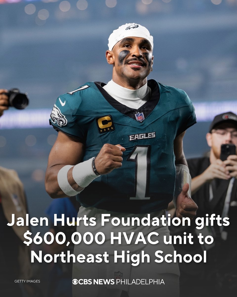 CBSPhiladelphia's tweet photo. Northeast High School is getting a new HVAC system, thanks to QB1.

The Jalen Hurts Foundation is making its largest donation yet with a $600,000 investment in a new HVAC unit for the school.

The gift if from the foundation’s initiative to improve air conditioning in Philadelphia schools.