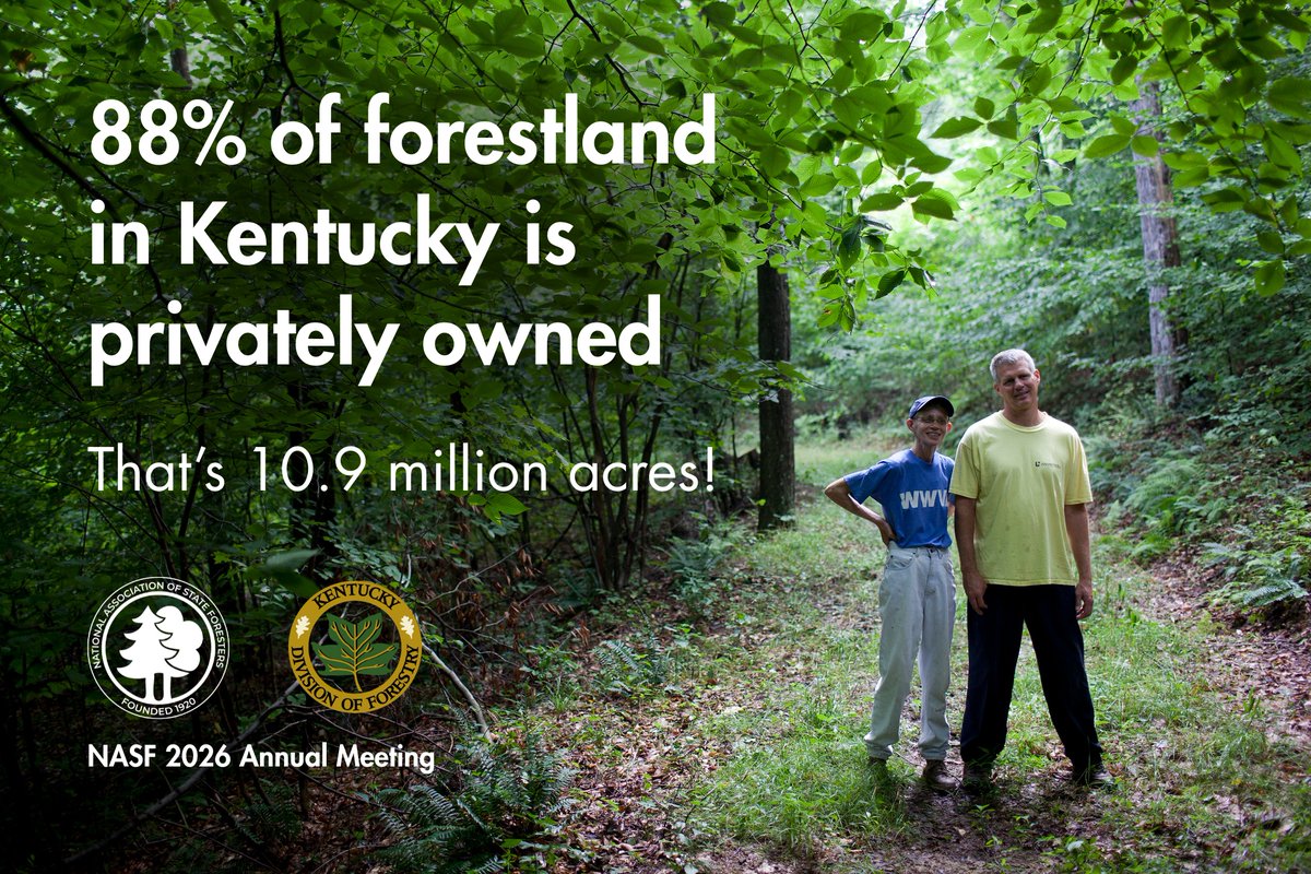 StateForesters's tweet photo. Did you know that 88% of Kentucky forestland is owned by private landowners? The Kentucky Division of Forestry is a key partner in stewarding these lands. We're excited to visit them next week for NASF's 2026 Annual Meeting! https://t.co/xaqV5cXlTC