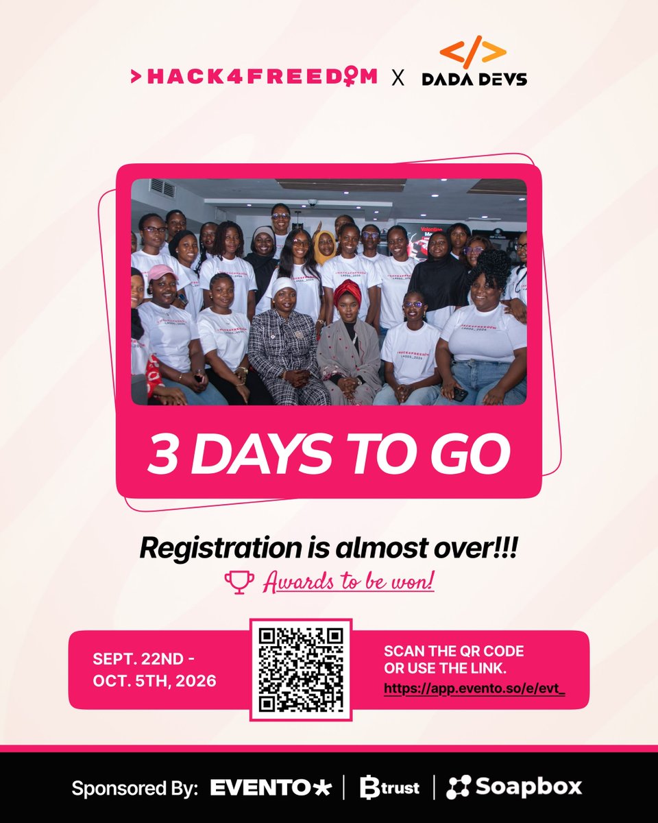 DadaDevs's tweet photo. Registration for @hack4_freedom Nairobi is almost closed, with just 3 more days to go! 

Imagine spending two weeks learning Bitcoin, Lightning, Nostr, eCash and open-source development, connecting with experienced builders, working on projects and competing for cash prizes of up to $5,000.

If you’re a woman developer in Kenya and you’ve been thinking, “I’ll apply later,” — later is almost here. 👀

Don’t watch other developers share their Hack4Freedom experience and wish you had applied.

📅 Sept. 22 – Oct. 5, 2026
📍 Nairobi, Kenya
🎟️ Free to participate

Applications are almost over. Secure your spot now:
https://t.co/qe6aDBNf1y

#Hack4Freedom #DadaDevs #BitcoinDevelopment