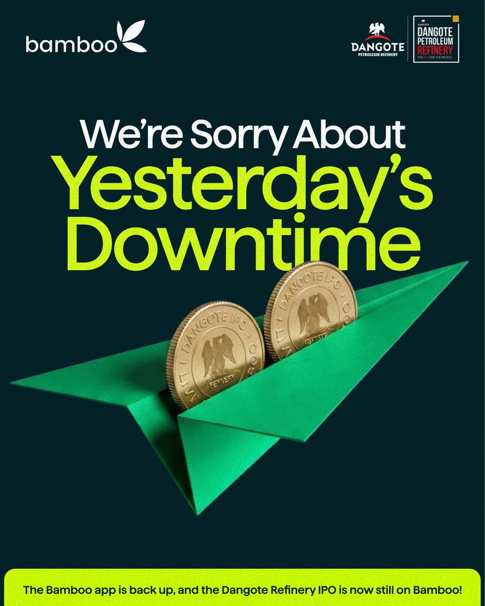 investbamboo's tweet photo. Hello everyone,

First, we’re truly sorry. Yesterday, many of you struggled to access the Bamboo app, fund your accounts or invest.

We are also really disappointed that we couldn't give you a seamless experience to start off your investment journey into the Dangote Refinery IPO. We know we let you down, and we take full responsibility, and we're going to work to make it up to you. Our team worked hard to prepare for the increased demand but ultimately, our efforts fell significantly short.

We wanted to let you know that the Bamboo app is fully back up and running. We restored the systems yesterday but wanted to make sure everything was working perfectly before making an announcement.

We’ve also made changes to ensure our platform is stronger and better prepared moving forward.

We know an apology doesn’t fix the frustration you experienced. Trust is earned through action, and we’re committed to earning yours back. 

To start, we’re going to cut all commissions across both US and NGX stocks by 20% starting tomorrow till the end of September.

We also wanted to remind you that the Dangote IPO is running non-stop till the 13th of October. The price doesn’t change and the allocation will not be done on a first-come, first-served basis so there’s still time for you to get in.

Thank you for your patience and for sticking with us. 💚

Richmond,
CEO, Bamboo