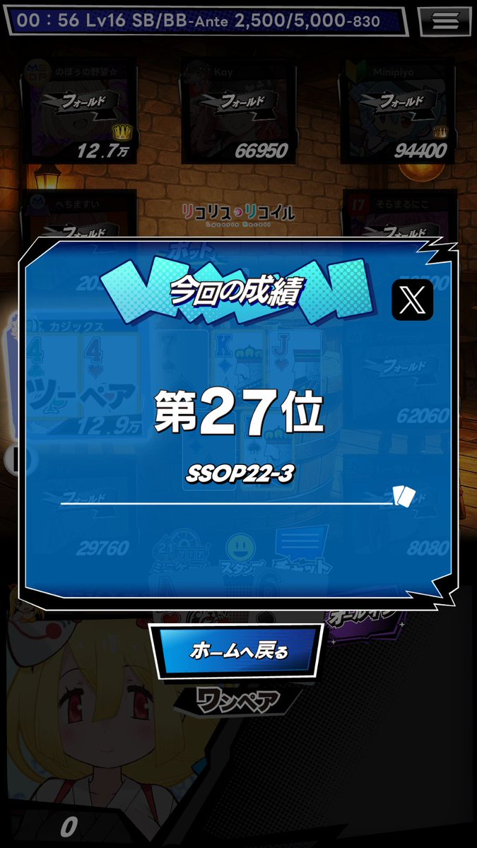 futene7's tweet photo. ＼ｍHOLD'EMでトーナメントに参加／

SSOP22-3
第27位

開催、同卓ありがとうございました!
27位だあああ＼( 'ω')／

■ｍHOLD'EMはこちら！
https://t.co/HLLDh1f9xU
 #mHOLDEM #エムホールデム https://t.co/isue6ttRhH