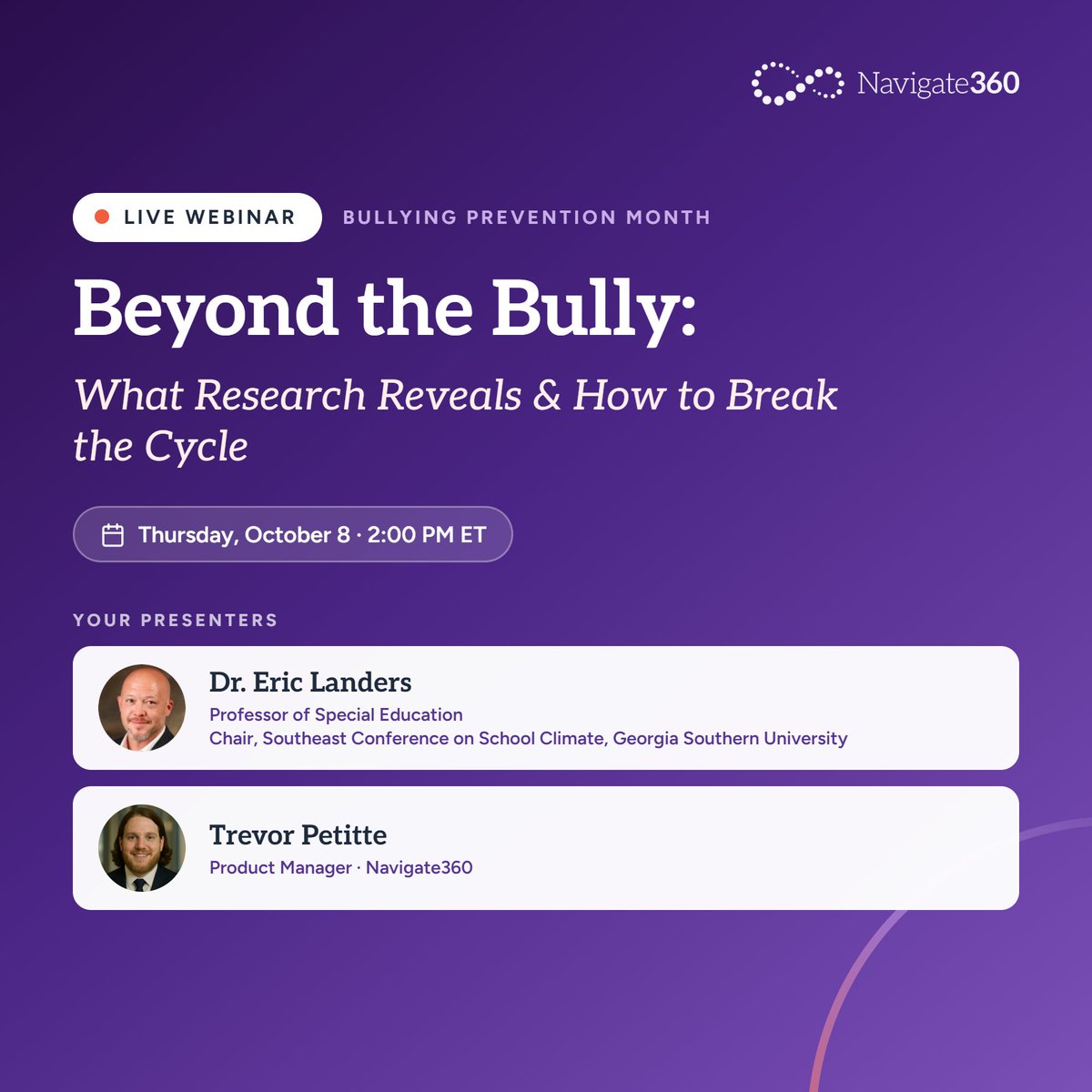 Navigate360_'s tweet photo. 1 in 5 students are bullied every year, but only about 44% ever tell a trusted adult. Target, bystander, bully—students may cycle through every role for the rest of their lives.

Join Dr. Eric Landers on what actually breaks the cycle.

Oct 8, 2 PM ET.  
https://t.co/1qozaN91P2 https://t.co/8CfddWVFUF