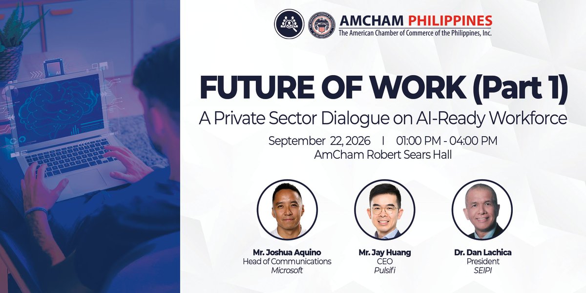 AmChamPH's tweet photo. AmCham's HCR Committee, along with TAPP is hosting a discussion that will explore how government, businesses, and other stakeholders can prepare Filipino workers and enterprises for an increasingly AI-driven future.

Register: https://t.co/1KbqsbMqbL https://t.co/Q1D58joCcO