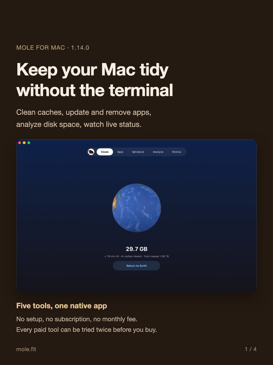 Mole for Mac 1.14.0 is out. Still clears tens of GB in one pass.

Website, Homebrew and App Store up...