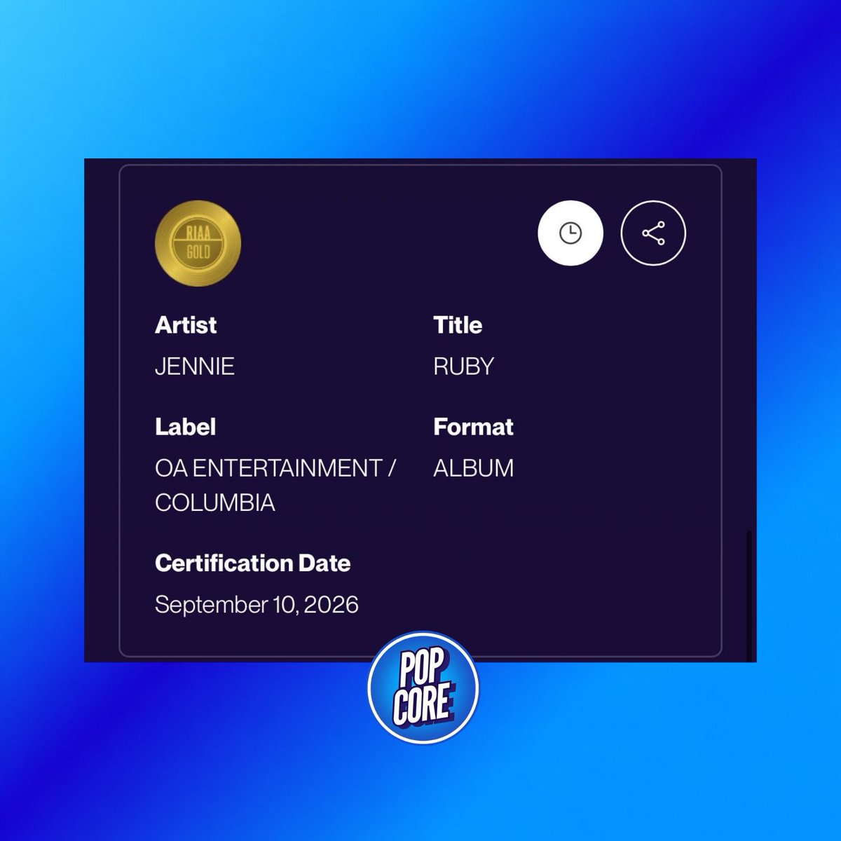 TheePopCore's tweet photo. JENNIE’s ‘Ruby’ is now RIAA GOLD certified in the US, making it the FIRST album by a K-pop Soloist to earn RIAA certification.

— She extends her record as the K-pop Soloist with the MOST RIAA certifications in history (6). https://t.co/TBztQJPu0Q