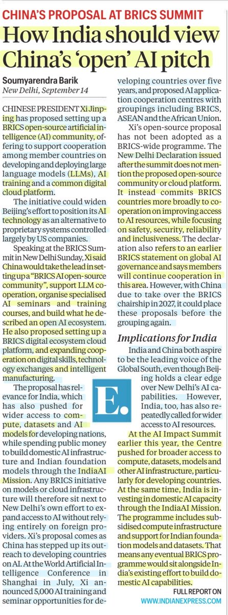 imRavikantYadav's tweet photo. How India should give China's 'Open' AI pitch
BRICS open source AI community
:Details by Sh Soumyarendra Barik
@imsoumyarendra
#China #BRICS2026
#LLMS #AItraining #CommonDigitalCloudPlatform
#AItechnology
#OpenAIecosystem
#DigitalSkills #TechnologyExchange
#UPSC
Source: IE https://t.co/2ha5h0baYy