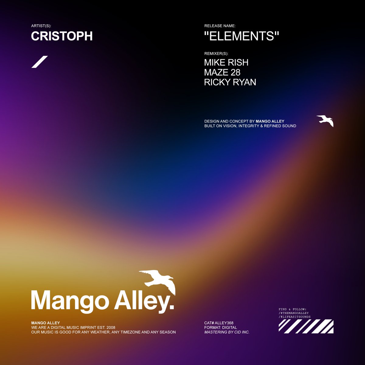themangoalley's tweet photo. ALLEY368
@Cristophmusic "Elements"
w/ Mike Rish, Maze 28 &amp; Ricky Ryan remixes

Download &amp; Stream / https://t.co/uEm3DN230J https://t.co/RnDuaXEwOS