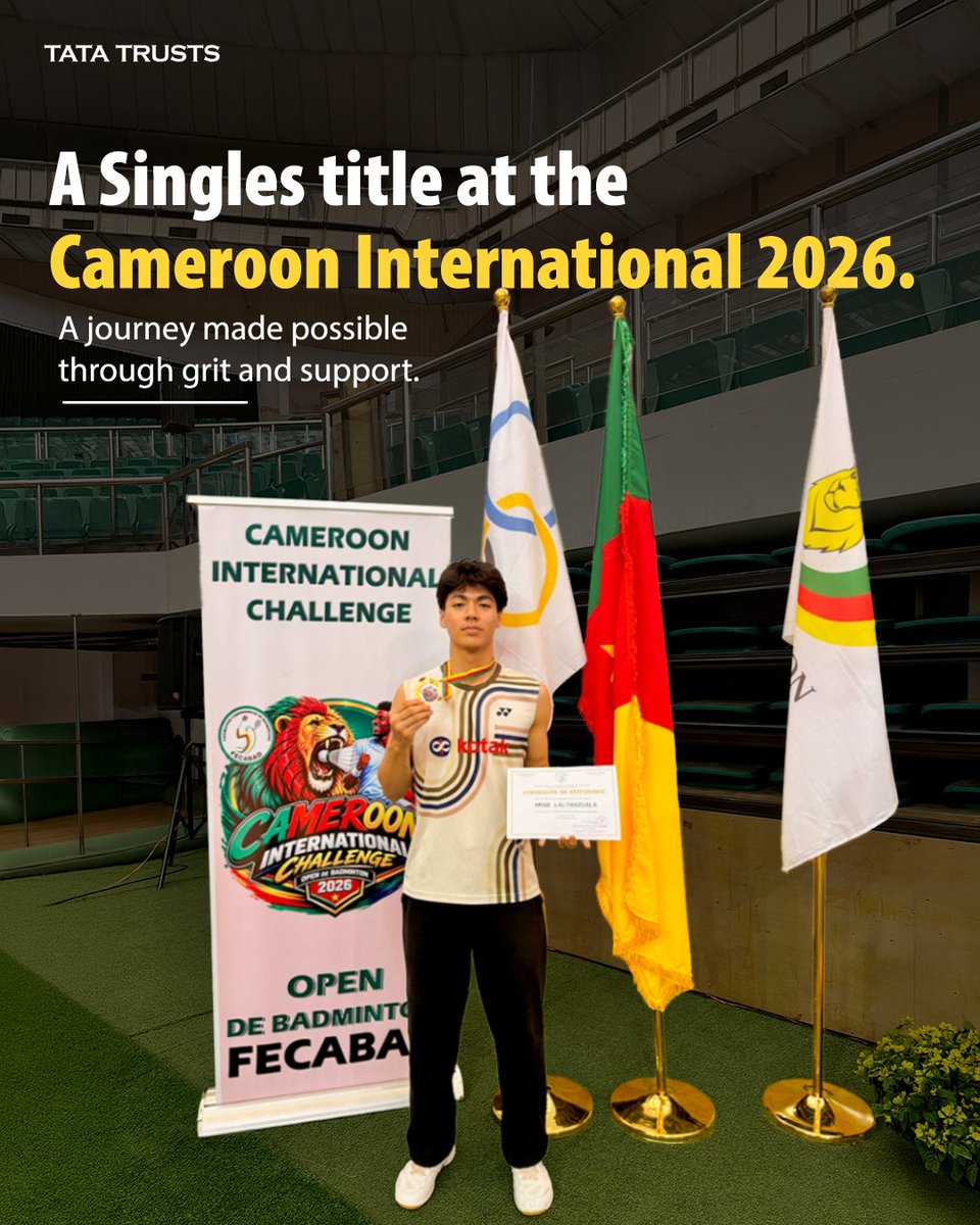 tatatrusts's tweet photo. From searching for court time in Aizawl to standing on an international podium, H. Lalthazuala’s journey has been shaped by persistence, rigorous training and sustained support. Selected for the Mizoram Badminton Initiative, he went on to make his mark at the Junior Nationals and has now claimed the Men’s Singles title at the Cameroon International 2026.

His journey is a testament to what sustained opportunity and the right support can unlock for young sporting talent. With continued support from the Tata Trusts, Lalthazuala has been able to build on his potential, take significant strides in his career and compete at the international level.

Read more about Lalthazuala’s journey from Aizawl to the international stage: https://t.co/0DuYZ5Wt0K

#TataTrusts #Sports #Badminton