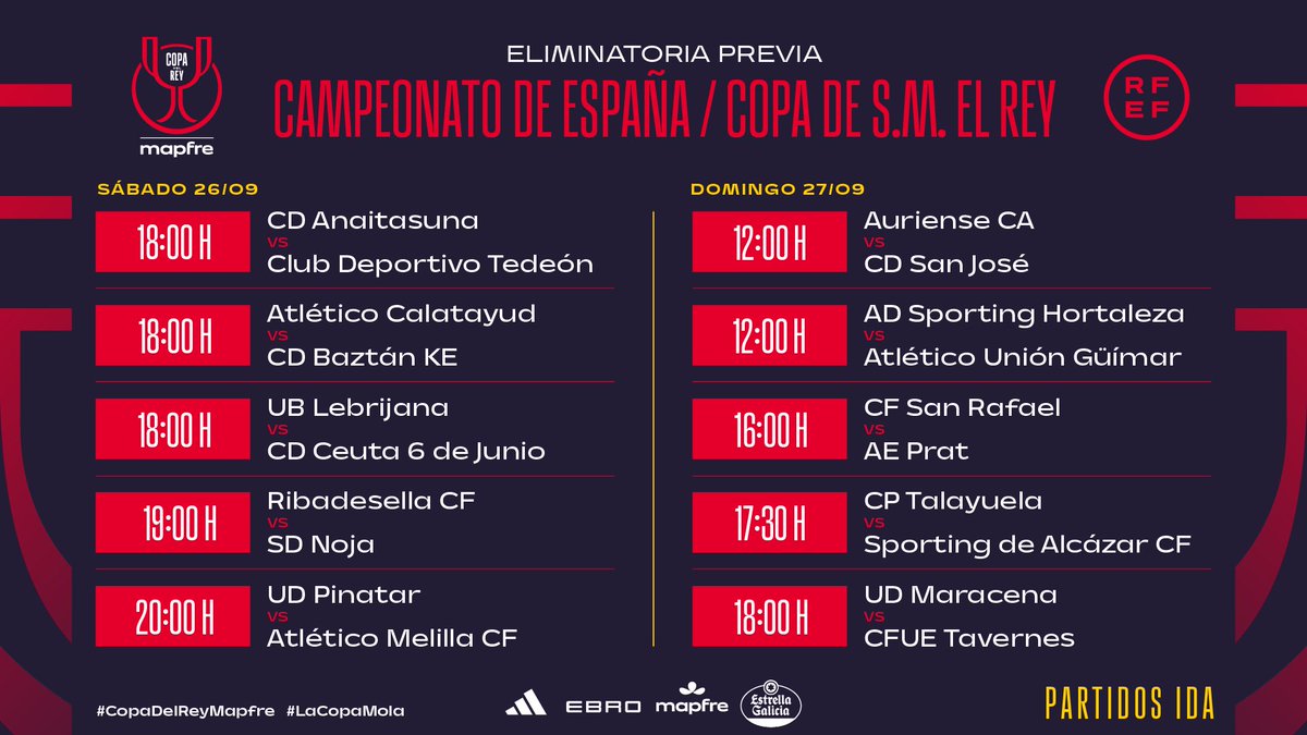 SportingAlcazar's tweet photo. 🗓️ HORARIOS CONFIRMADOS - ELIMINATORIA PREVIA COPA S.M. EL REY @CopaReyMAPFRE 

-IDA-
✈️ Domingo 27/9/26 | 17:30 horas
CP Talayuela vs EMERS Sporting de Alcázar CF

-VUELTA-
🏠 Domingo 4/10/26 | 17:30 horas
EMERS Sporting de Alcázar CF vs CP Talayuela

#UnSentimiento #LaCopaMola https://t.co/i1T41FS1gX
