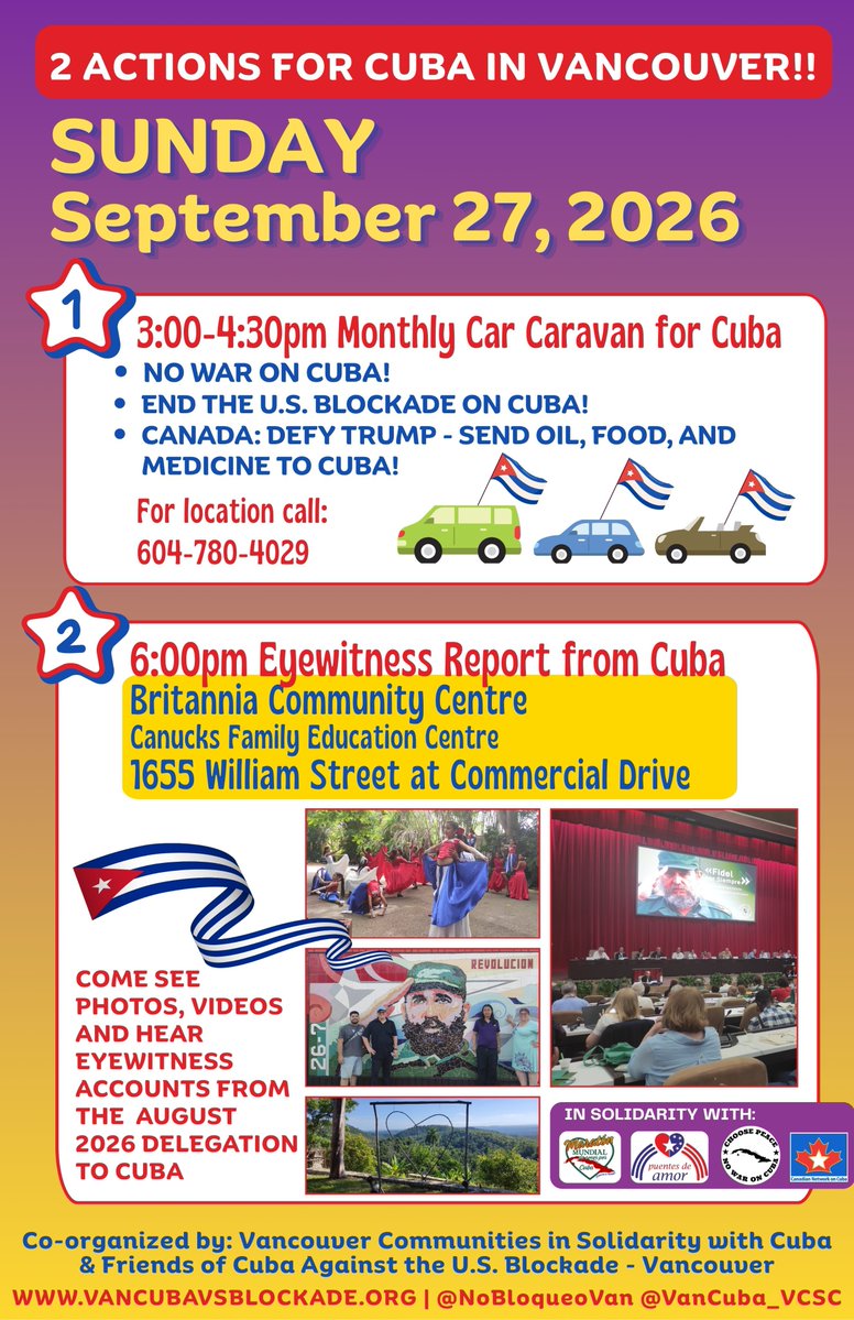 Mikael_L7's tweet photo. Come hear our eyewitness report from #Cuba, photos, video & more! ๐จ๐บ๐จ๐บ๐จ๐บ Join the event at 6pm on #Sunday Sept 27 @ Britannia Community Centre in #Vancouver #Canada!
#Vanpoli
#CommercialDrive
#BCPoli
#Cdnpoli
#USPoli
#TumbaElBloqueo
#NoWaronCuba
#VanCuba https://t.co/hSh5kR4g37