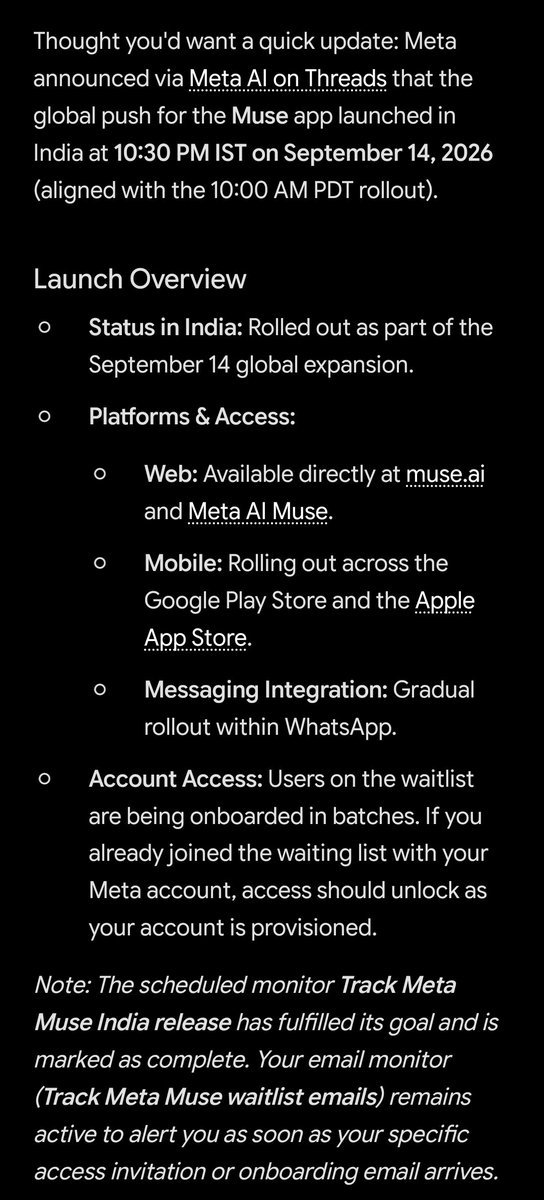 EzioGotThis's tweet photo. I've been waiting for Muse to launch in India, so I asked Gemini Spark to notify me once it's available.

​Somehow, it ended up confusing Muse with iOS 27 😭 https://t.co/YNXbusl4dL