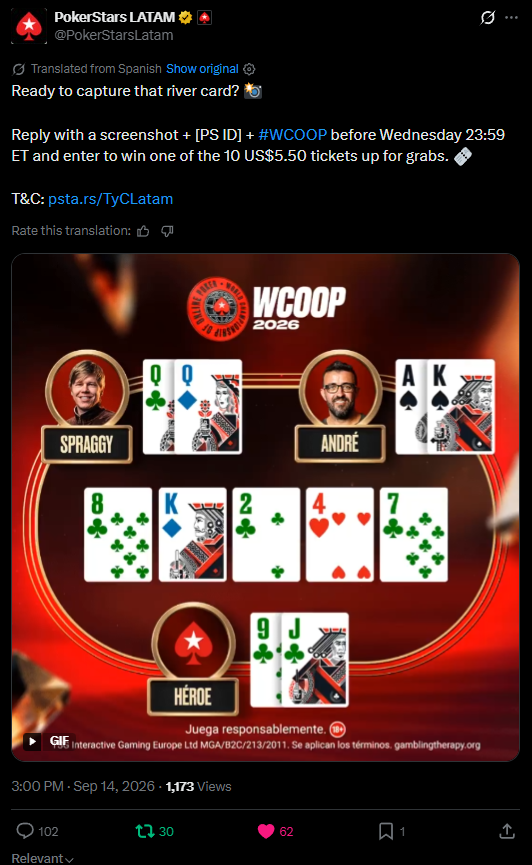 gr3gow's tweet photo. @PokerStarsLatam Vamos! [Gregoriojpp]  #WCOOP https://t.co/LbISKWXmH4