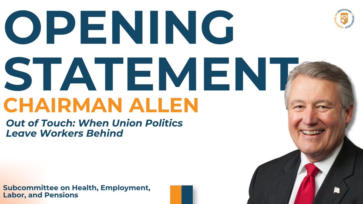 EdWorkforceCmte's tweet photo. Chairman @RepRickAllen delivered the following opening statement during today’s hearing titled, “Out of Touch: When Union Politics Leave Workers Behind.”

Read more ⬇️
https://t.co/RuL2R7jabh https://t.co/HjPyRakbGB