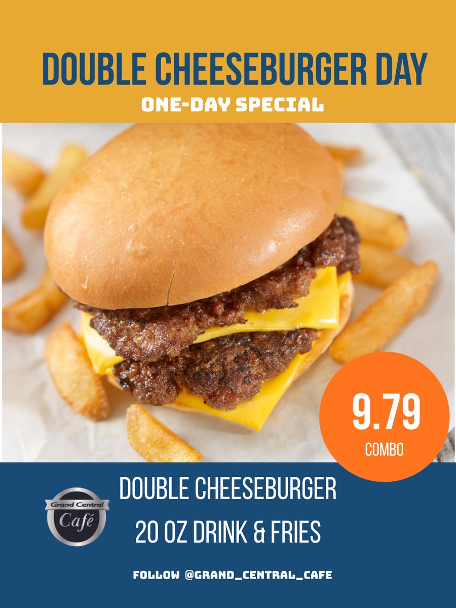ChartwellsCCCGI's tweet photo. 🤩TODAY ONLY🍔 Double cheeseburger special with fries and a drink. Stop by for this one-day deal at the GCC. 

#DoubleCheeseburgerDay #GCC https://t.co/DZzr7dWheA