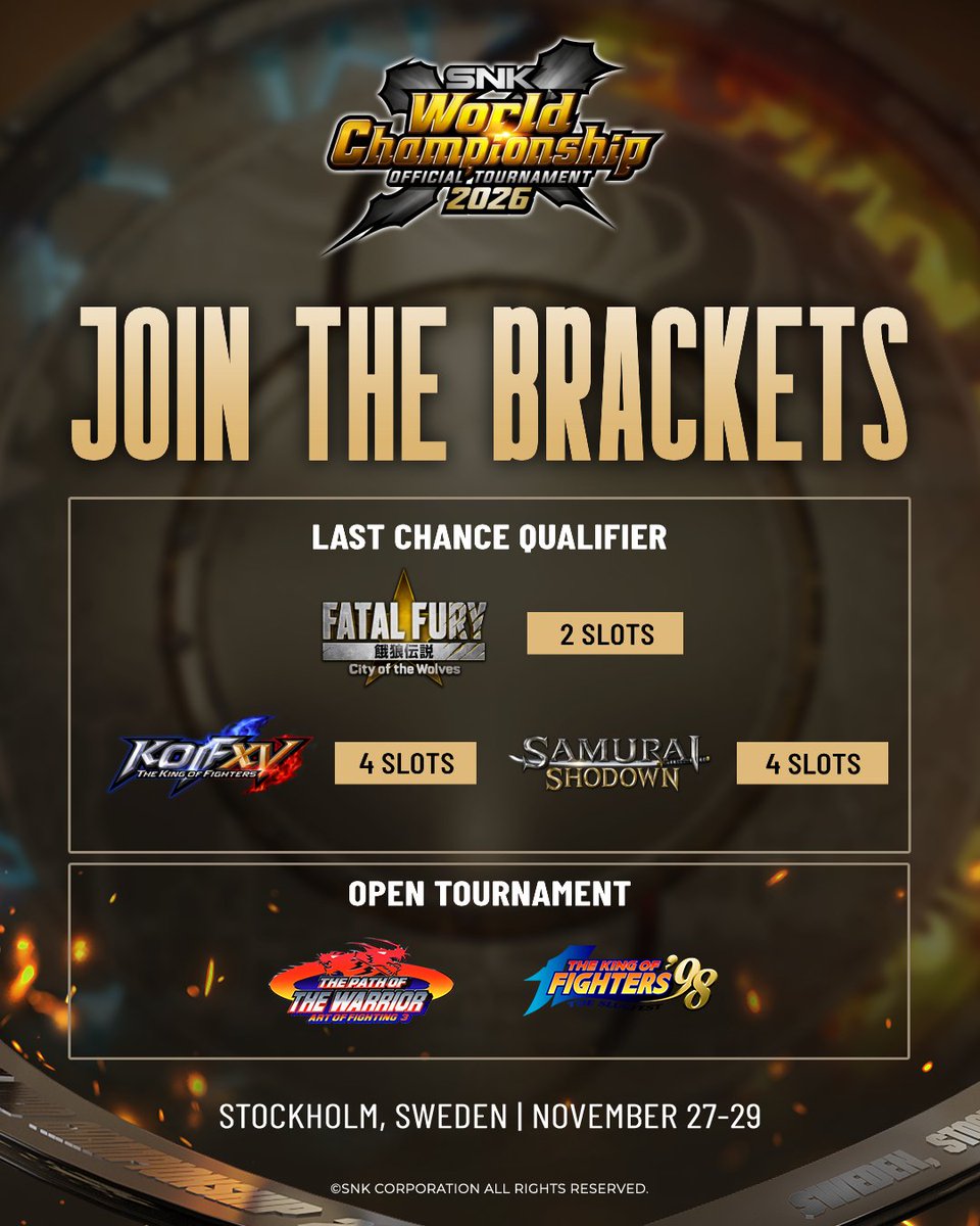 snk_esports_hub's tweet photo. The Last Chance Qualifier and Open Tournaments are your final opportunities to earn a spot at the SNK World Championship 2026.
Check out the qualification slots available and see how you can fight your way to the main stage in @DreamHack Stockholm, Sweden.
#SWC2026 #DHStockholm https://t.co/r1VPk6Lsro
