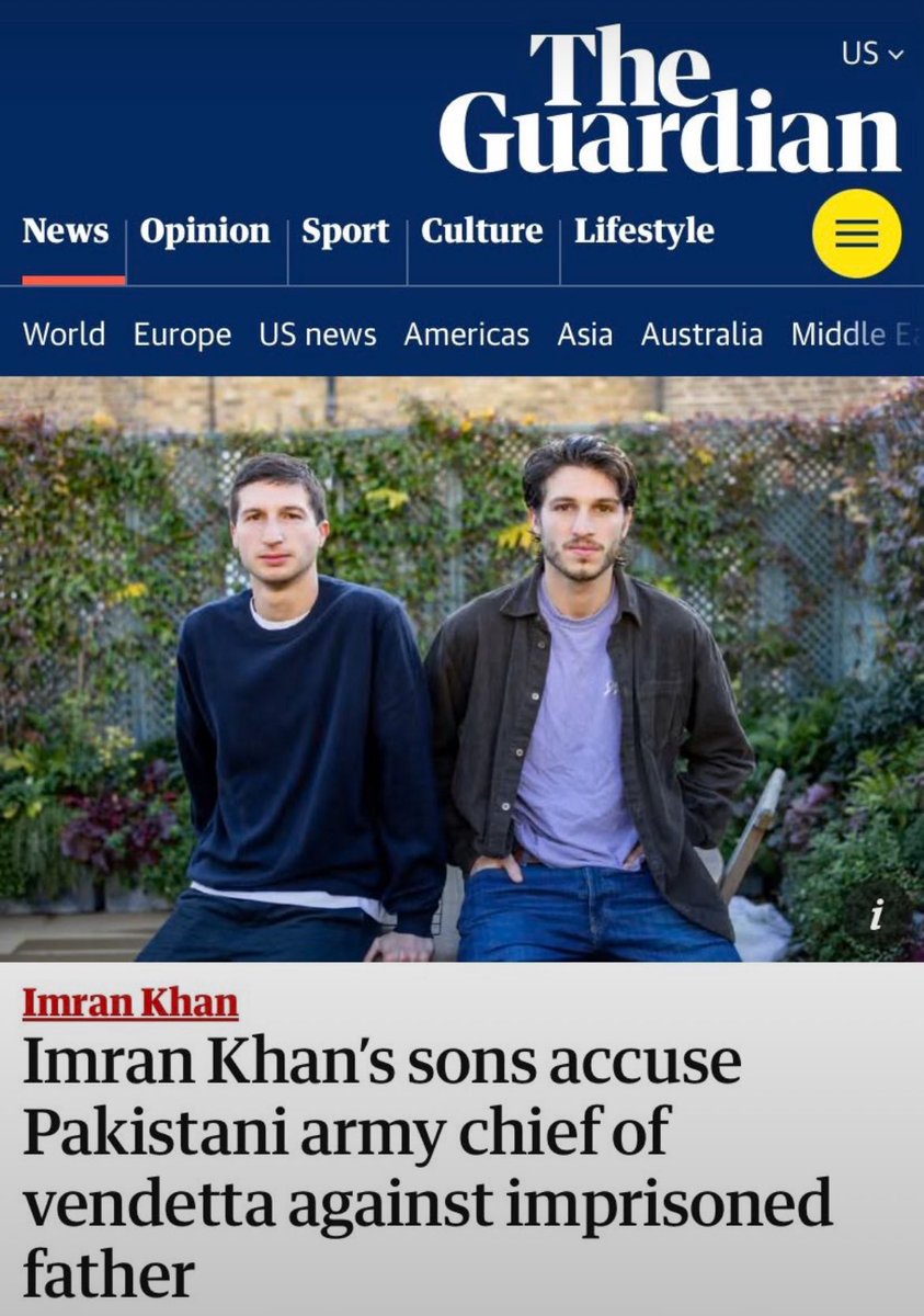 PTIofficial's tweet photo. “The one with the real vendetta here is the army chief Asim Munir.”

“We are deeply, deeply concerned about our father’s health… the conditions he is being kept in amount to a form of mental and physical torture”.

“The reality is that he is locked in a tiny 6x8ft cell without human contact. He hasn’t been allowed new books for months and he’s not been allowed to see or speak to his family or a neutral doctor. He has an eye condition which was neglected for months and has meant he’s probably almost lost sight in one eye.”

“It’s very clear this is being driven by personal grudge and that’s one of the reasons he’s being treated so harshly, on the orders of Asim Munir.”

“We believe they’re trying to slowly kill him in there. Just as soon as there’s less pressure, we are sure they will put even harsher restrictions on him and try to finish him off.”

“I don’t think there’s a chance that he (Imran Khan) would ever give it up.”

- Sulaiman Khan and @Kasim_Khan_1999, sons of arbitrarily detained former PM Imran Khan, speak to @guardian.

Link: https://t.co/Oehv7nscC9

#FascismUnderAsimLaw
#FreeImranKhan