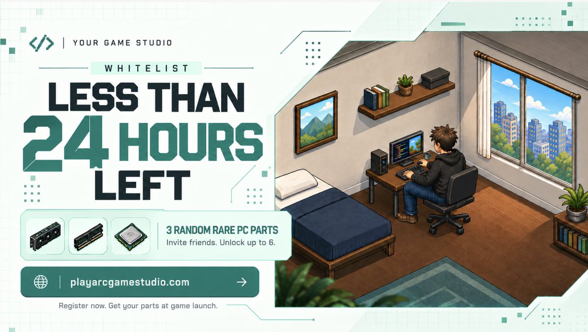 playYGS's tweet photo. Less than 24 hours left to join the Your Game Studio whitelist 🟢

You’ll be making your first games from a bedroom with a basic PC. We’re giving everyone who completes registration 3 random Rare PC parts to upgrade their developer’s setup when the game launches.

Already registered? You can still invite friends to get a few more parts:
• 1 friend — 4 parts total
• 3 friends — 5 parts total
• 5 friends — 6 parts total

Your friends need to finish registration to count. Your reward will be waiting for your wallet and delivered on your first game login after launch.

If you’ve started the tasks, make sure you hit Submit application — that’s what saves your registration and reserves your parts.

Registration link below 👇