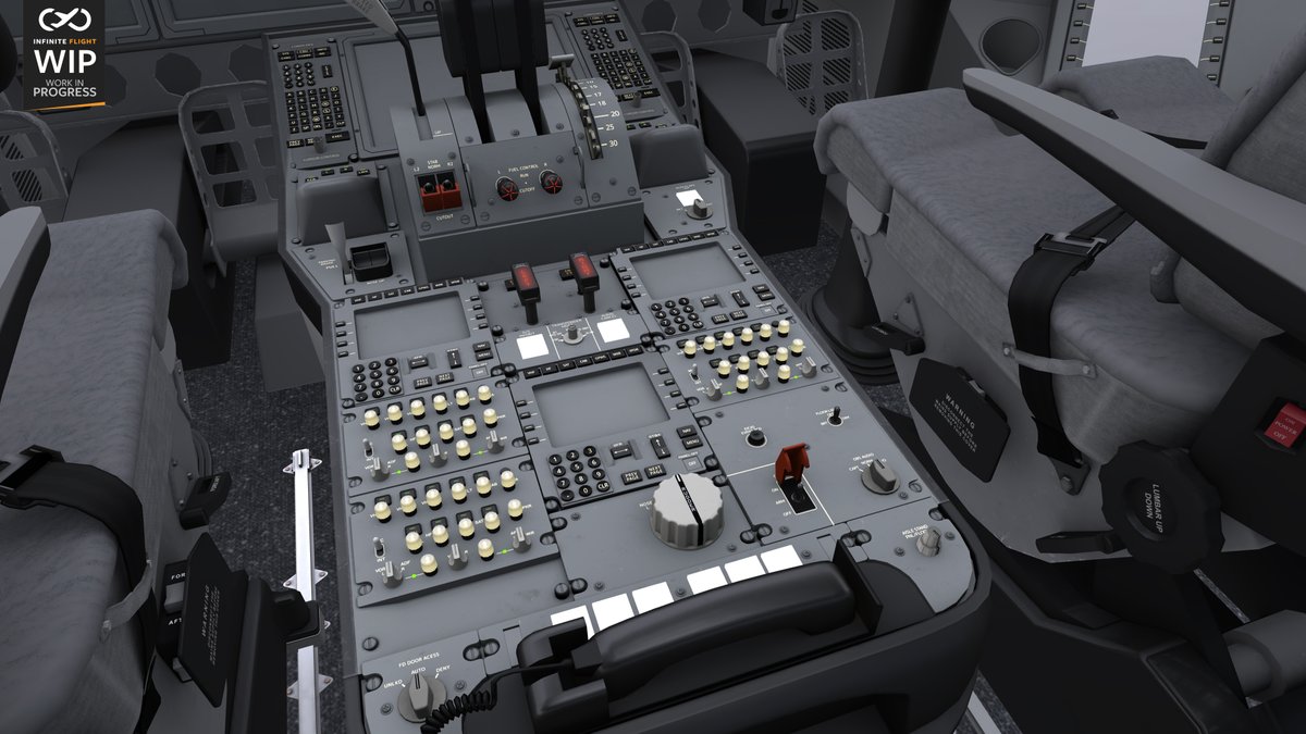 Work-in-progress 3D rendering of the rebuilt Boeing 787 flight deck in Infinite Flight, viewed from between the pilot seats and focused on the centre pedestal, throttle quadrant, control panels, and cockpit seats. A badge in the top-left corner shows the Infinite Flight logo and reads WIP Work in Progress. 