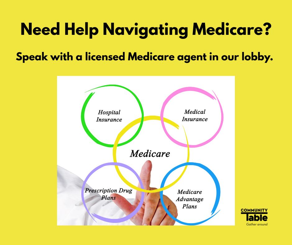 TheCoTableOrg's tweet photo. Talk to a licensed Medicare agent in Community Table's lobby. Upcoming date: September 16, from 12:00 to 4:00 pm. For appointments, visit https://t.co/A2ipj6dmUT or contact Shannon at 720-437-6398 or smacdonald@cotable.org. Walk-ins may be available. https://t.co/yseaN4VD13