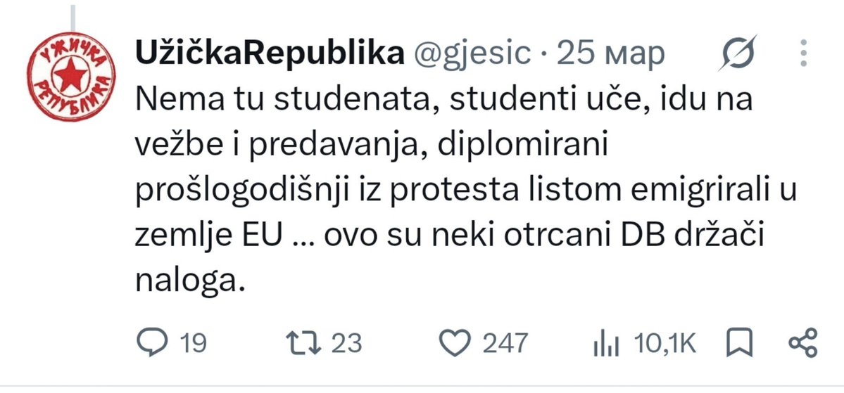 igorgrbic86's tweet photo. Godinu i po dana si imao prema studentima narativ kao iz Informera i sada kada si video da sa Đikijem ne možeš da dobiješ ni 1% podrške, sada bi da "smiruješ strasti". https://t.co/qGoieeZxer