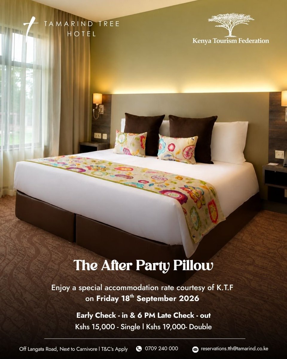 KTF_Kenya's tweet photo. No need to leave when the music stops💃🕺.

Our venue partners Tamarind Tree Hotel Nairobi have the best  offer for you.

Enjoy  a discounted rate for Bed and Breakfast courtesy of the  KTF- Tourism Gala 2026.

#KTGGala2026 https://t.co/adFOb95ifU