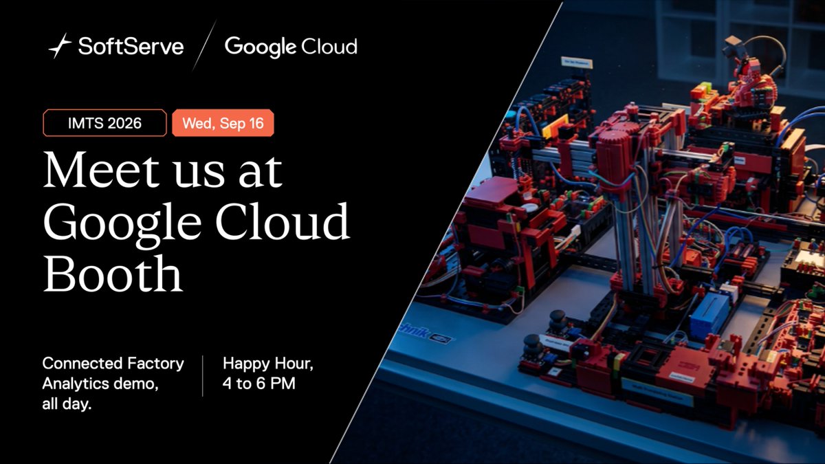 SoftServeInc's tweet photo. SoftServe is at @IMTSchicago 2026.
 
Find us at the @googlecloud booth, McCormick Place, on Wednesday, September 16.

We're there all day with Connected Factory Analytics. It's our demo of what happens when edge telemetry from the plant floor becomes a decision you can act on. It runs on the @Google Cortex Framework. Come see it live. Tell us where it breaks in your operation.
 
That afternoon, Google Cloud joins us for a happy hour at the booth, 4:00 to 6:00 PM. No slides. Just the team behind it.
 
Scan your badge at the booth for a chance at the prize draw, held at 4:30.
See you in Chicago.
 
Learn more about the demo, watch the video, visit the website: https://t.co/HzM588rlru