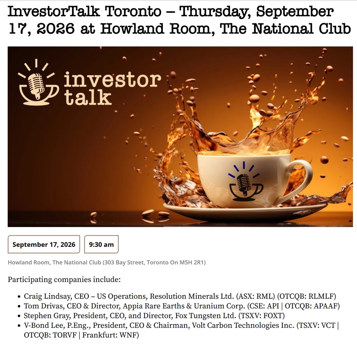 VoltCarbonTech's tweet photo. As some of the world’s largest investors gather in Toronto for the Canada Investment Summit, @VoltCarbonTech  will be presenting this Thursday at InvestorTalk Toronto.

Graphite. Graphene. Advanced materials. Lithium-metal batteries.

These are technologies positioned at the heart of some of the largest industrial opportunities of the coming decades, with markets that could collectively reach trillion dollar scale by mid century.

Volt Carbon has spent years building the technology.

Now it is time to commercialize, scale and compete globally.

We look forward to meeting investors who want to help build the next generation of Canadian industry.

@MarkJCarney @CPPInvestments @Invest_Canada

$VCT.V $TORVF
#CanadaInvestmentSummit #InvestInCanada #CriticalMinerals #BatteryTechnology