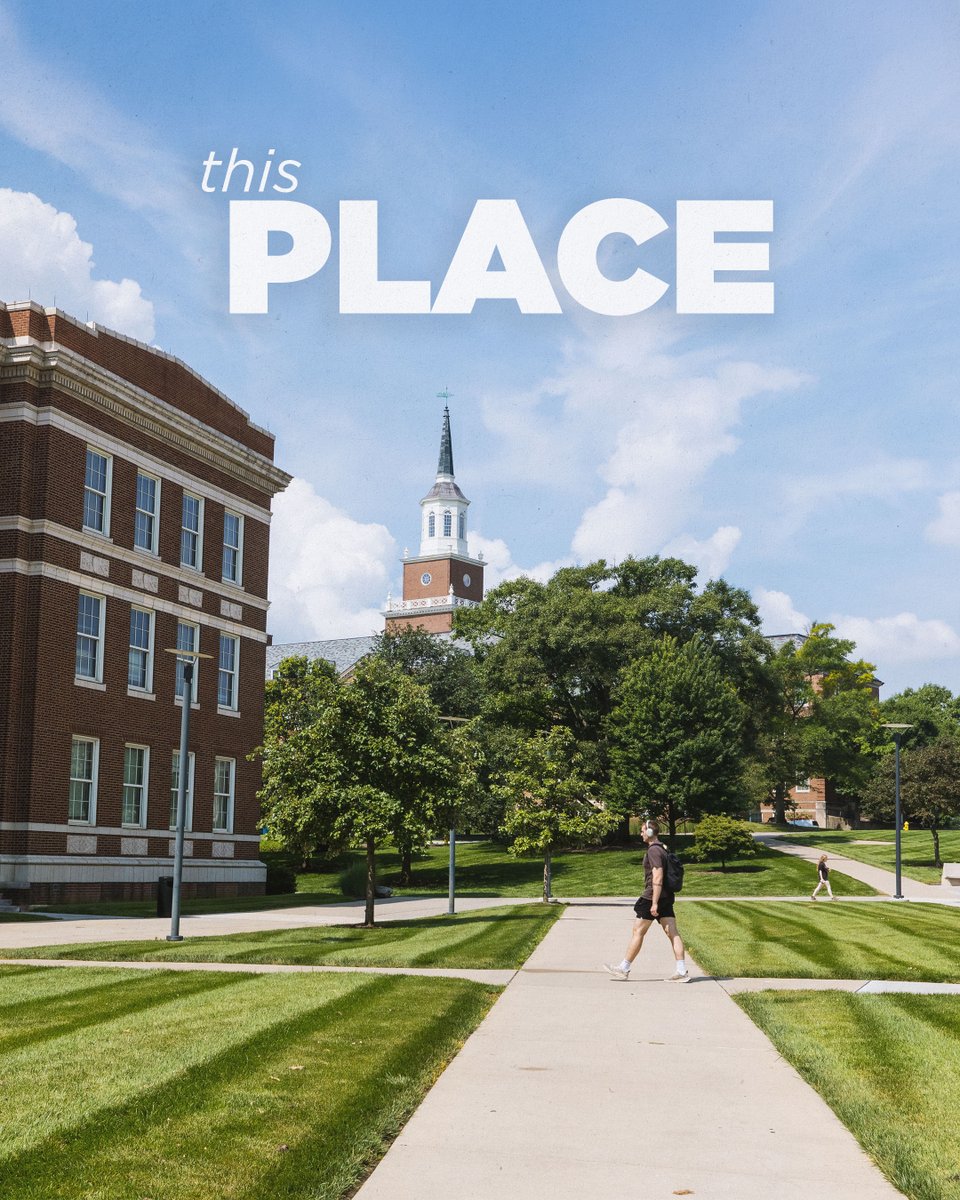 A student walks across the University of Cincinnati campus near historic brick buildings and a campus tower on a sunny day. Large white text reads, “this PLACE.”