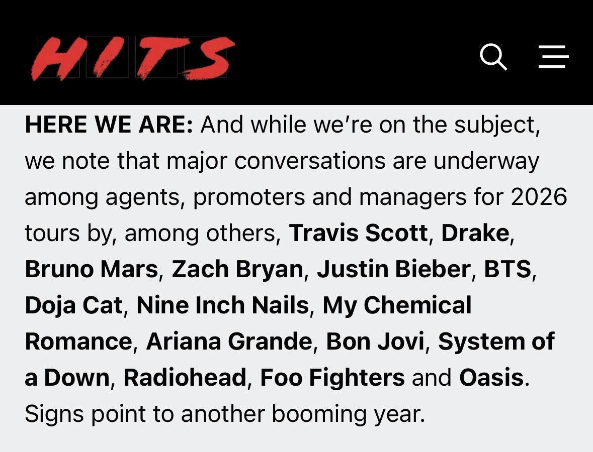 pr1nceofpopstan's tweet photo. Good news is Oasis announced their tour yesterday &amp; Radiohead announced theirs last week. HDD reported their teams were planning those tours back in August 2025 same as when Justin’s team was. It’s only JB Travis &amp; Drake that haven’t announced yet now https://t.co/SvpLbzV9Za https://t.co/E6uMxPZBV0