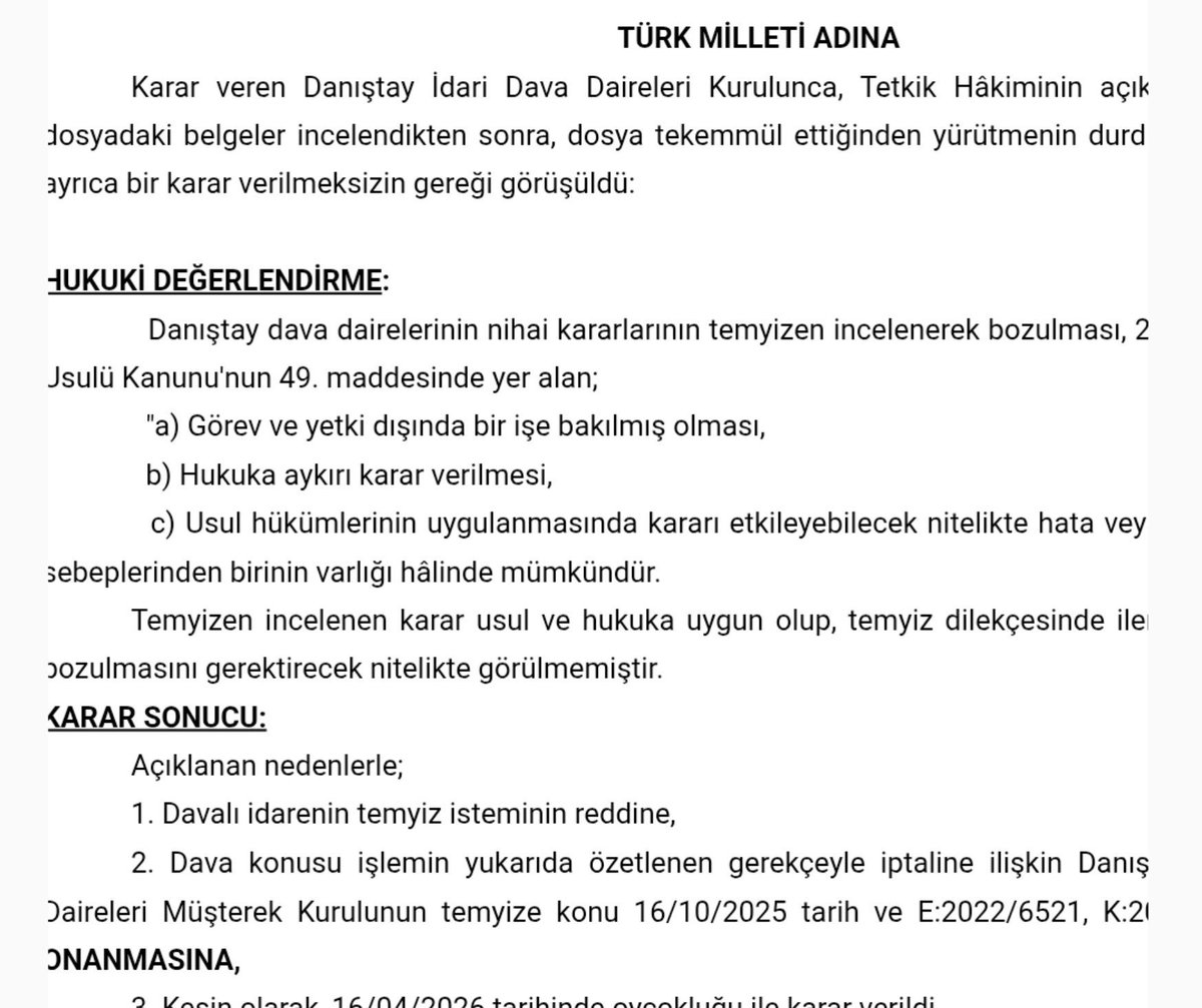 AvGulcinYapici's tweet photo. Çevre, Şehircilik ve İklim Değişikliği Bakanlığı Yerel Yönetimler Genel Müdürlüğünün 27/12/2021 tarih ve 2021/24 sayılı, "Sahipsiz ve Tehlike Arz Eden Hayvanlar Hakkında" konulu Genelgesinin iptaline ilişkin açtığım davada ilgili bakanlık temyiz etmiş ise de temyiz talebi D A N I Ş T A Y İdari Dava Daireleri Kurulu 2026/143 esas 2026/795 karar nolu kararı ile reddedilmiş olup genelge resmen iptal olmuştur.

Böylelikle Hayvanlar üzerinde yasa gereği @TCTarim haricinde başka bir bakanlığın genelge vb  ile tasarruf yetkisi olmadığı kesinleşmiştir.

Emsal olması ve geçmiş yetkisiz uygulamaların yarattığı magduriyet ile ilgili dava yolları açıldığı için  paylaşılmıştır .

#SokakHayvanlarıSahipsizDeğil