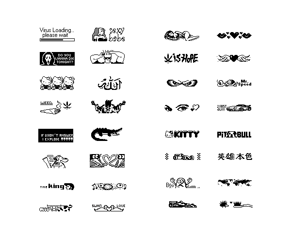 WebDesignMuseum's tweet photo. Who remembers these little pixel art pictures on their old mobile phone?

No apps. No emoji packs. Just skulls, weed leaves, sexy logos and Madonna ringtones.

The early 2000s were something else. https://t.co/IvbUwzaEA8