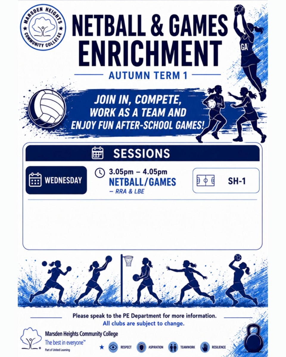 MarsdenHeights's tweet photo. Enrichment Club Timetable: Wednesday

There are lots of opportunities for students to play, learn, create, grow and belong on Wednesday - take a chance and try something new!

#Respect #Aspiration #Resilience #MarsdenHeightsCommunityCollege #BestinEveryone #EducationWithCharacter https://t.co/sP5lvgQoWd