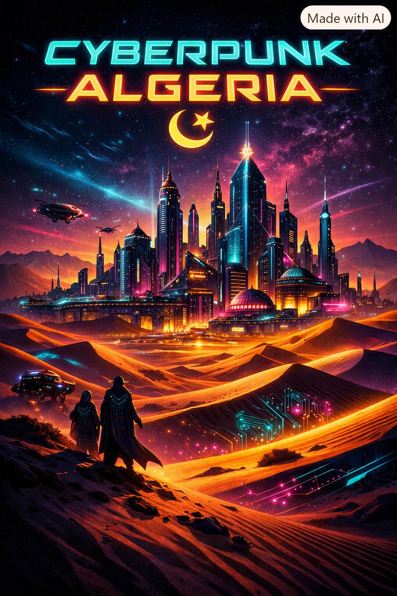 Synthesis_Digit's tweet photo. Cyberpunk Algeria – Neon Sands of the Future.
Futuristic city rising from glowing dunes.
Berber circuits meet neon skies — pure technoir energy.🛒 Full drop → https://t.co/VvZzmHIvHf#CyberpunkArt #DigitalArt #SciFi #RedbubbleArtist #NeonSahara #TechNoir https://t.co/swRcA6wK2V