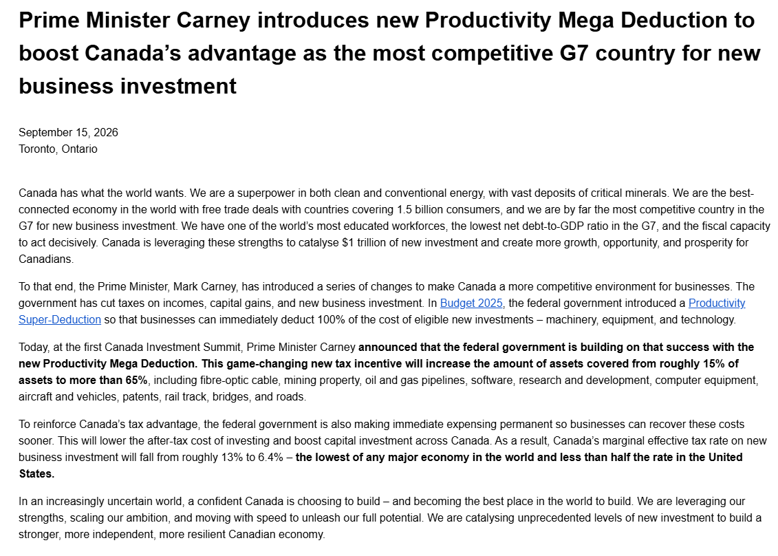 LeftHandStu's tweet photo. The feds have announced the Productivity Super Deduction announced in last year's budget is evolving into a Productivity MEGA Deduction, increasing the list of eligible assets to include fibre-optic cable, mining property, O&G pipelines, software, R&D, aircraft and vehicles, patents, and transport infrastructure.