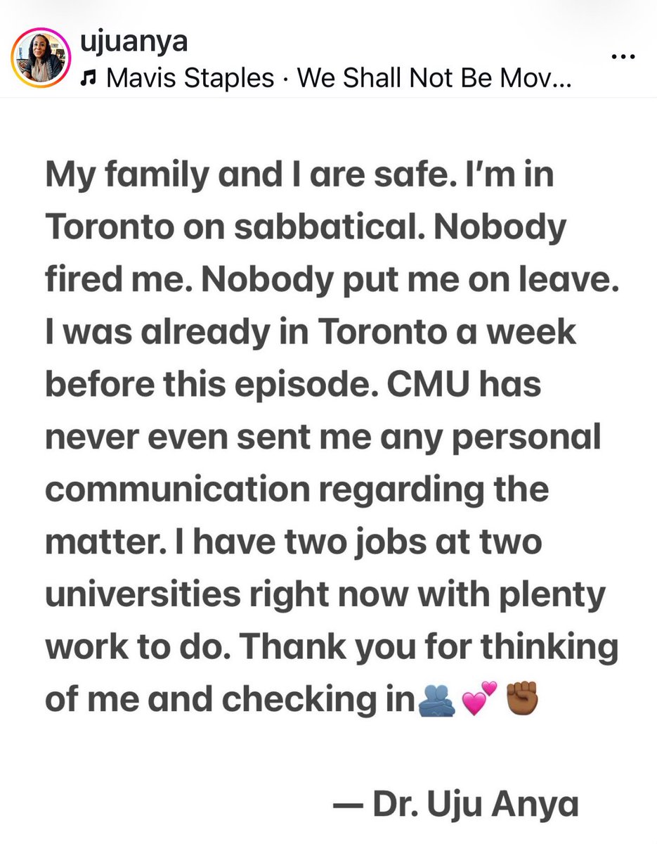 PaperWhispers's tweet photo. These institutions lie and do so to harm Black academics. Carnegie Mellon deliberately framed an academic sabbatical as if it was a form of punishment. 

Below is directly from Dr Uju Anya. For everyone who wishes her well, please know she is safe, booked and busy. https://t.co/j4oxhfAm7A