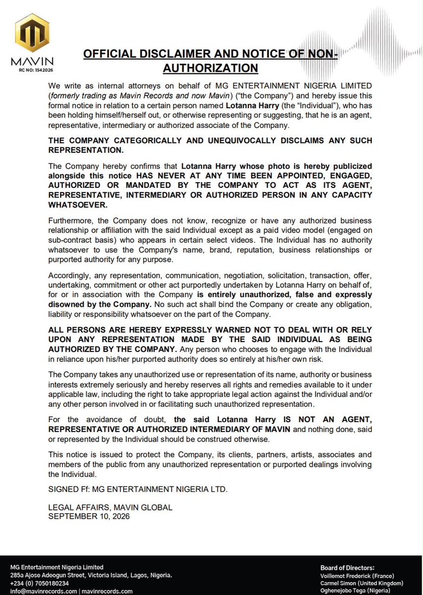 MavinRecords's tweet photo. PUBLIC NOTICE

It has come to our attention that Lotanna Harry has been presenting himself as a representative of Mavin Records.

We clarify that is he not an employee, agent or representative of Mavin Records and is not authorized to conduct business or make commitments on behalf of the company. 

Please disregard any communication from claiming to represent MAVIN Records.

For clarity, official communication from Mavin Records will only come through our verified platforms including @MavinRecords 

Management,
Mavin Records.