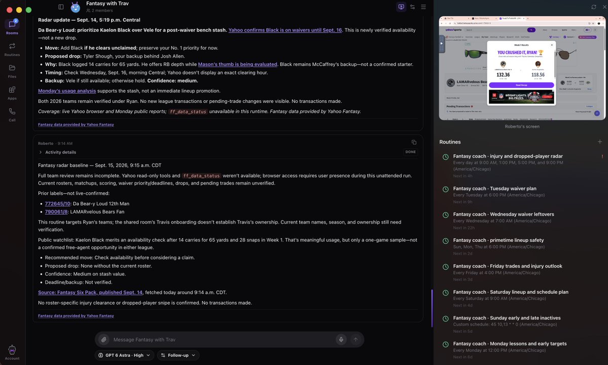 JussCubs's tweet photo. gm

yahoo didn't approve my API access fast enough

so i had Roberto build a system to manage my fantasy football teams

daily &amp; weekly routines to analyze waivers, injuries, find sleepers, snipe bad drops

mfer cooked week 1

invite only, dm for an invite code for free trial 🫡 https://t.co/fmGGgZQefc