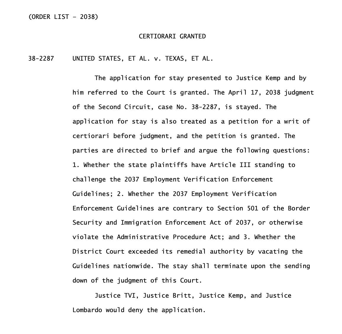 PoliSimCourts's tweet photo. By a 5-4 vote, the Supreme Court temporarily ALLOWS the Booth administration to shield businesses with less than 25 employees from penalties for failures to use E-Verify; will hear argument in the case. Vincent joins liberals; TVI, Britt, Kemp, Lombardo dissent. @PoliGSim https://t.co/nW4jqrybtK